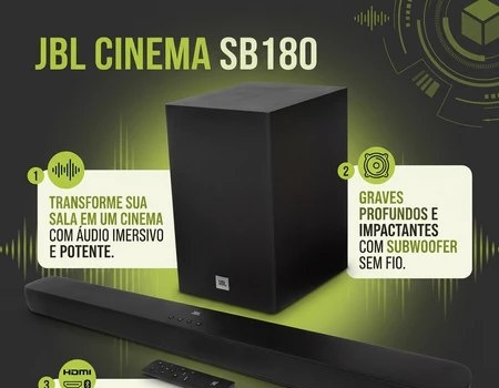 Soundbar JBL Bluetooth, Cinema SB180, 2.1 Canais, Subwoofer de 6,5 Sem Fio 110W RMS