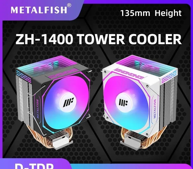METALFISH ZH1400 CPU Cooler 4 HeatPipes 4PIN PWM Ventilador ARGB silencioso para Intel 1700 1200 115X 1366 2011 AM5 AM4 AM3 x99 x79