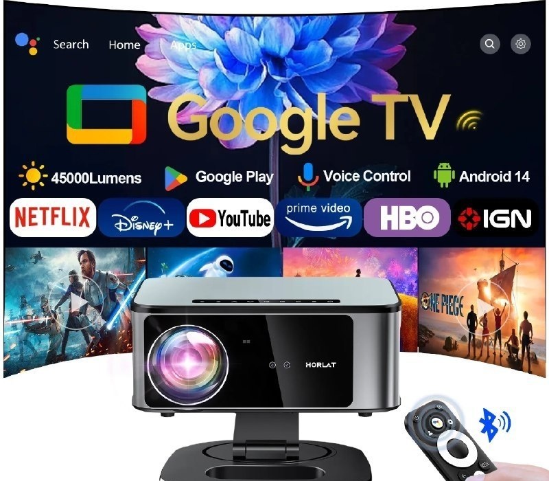 Projetor HORLAT 45000 Lúmens Android 14 Auto Keystone Decodificação 4K 8K Vídeo Full HD 1080P 3D Home Theater WiFi 5G Portátil