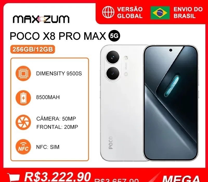 Smartphone Xiaomi Poco X8 Pro Max 5G, 256GB12GB RAM, Smartphone com Processador MediaTek Dimensity 9500s, Bateria de 8500 mAh, Versão Global