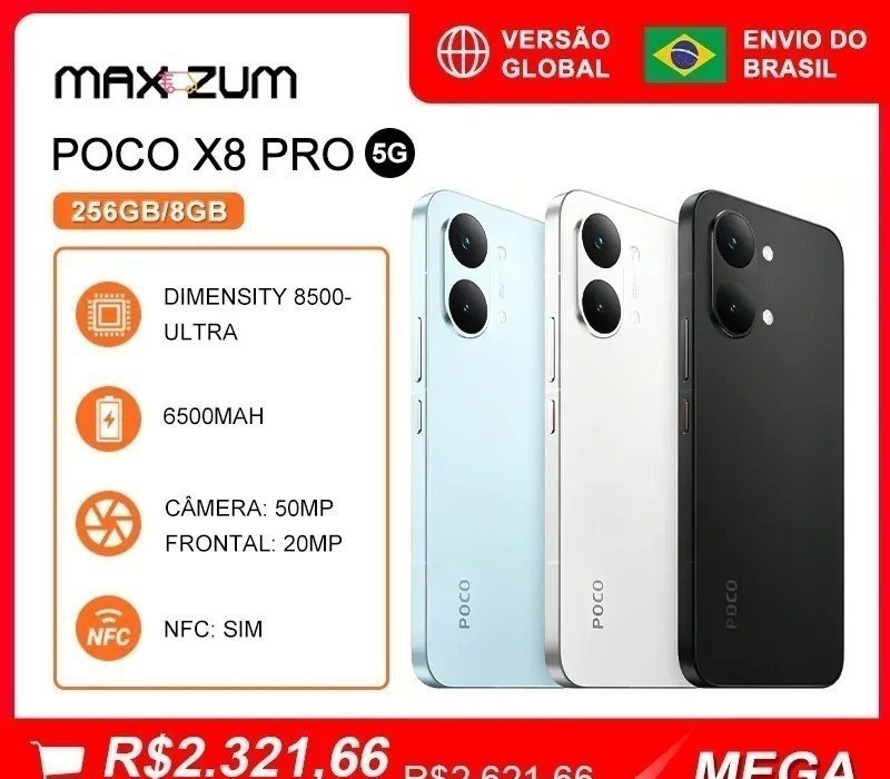 Smartphone Poco x8 PRO 5G, 2568GB, Smartphones e Celulares MediaTek Dimensity 8500-Ultra, Bateria 6500mAh, Versão Global, Câmera 50MP