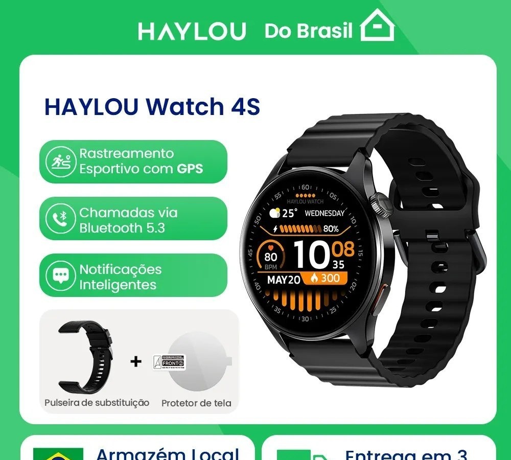 Relógio Inteligente HAYLOU 4S HF012 com Sistema de 5 Estrelas, GPS, Monitoramento Esportivo, Tela AMOLED de 1.43 Polegadas, 120 Modos de Esporte, Smartwatch Fitness