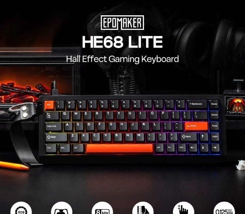 Epomaker HE68 Lite, Teclado Magnético 65, RGB com Fio, HE 68 Lite 68Lite