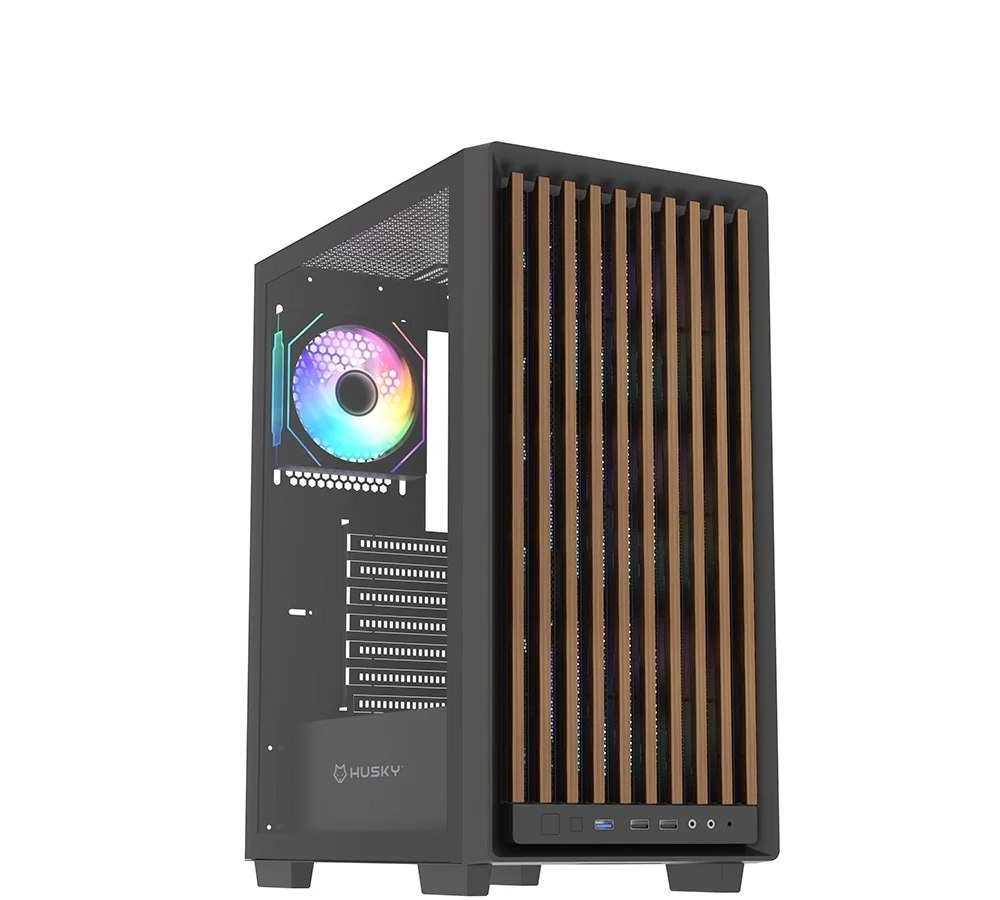 Gabinete Gamer Husky Dome 600, Mid Tower, ATX, Lateral em Vidro, Frontal em Madeira Ripada, Com 4 Fans ARGB, Preto - HGN600PT