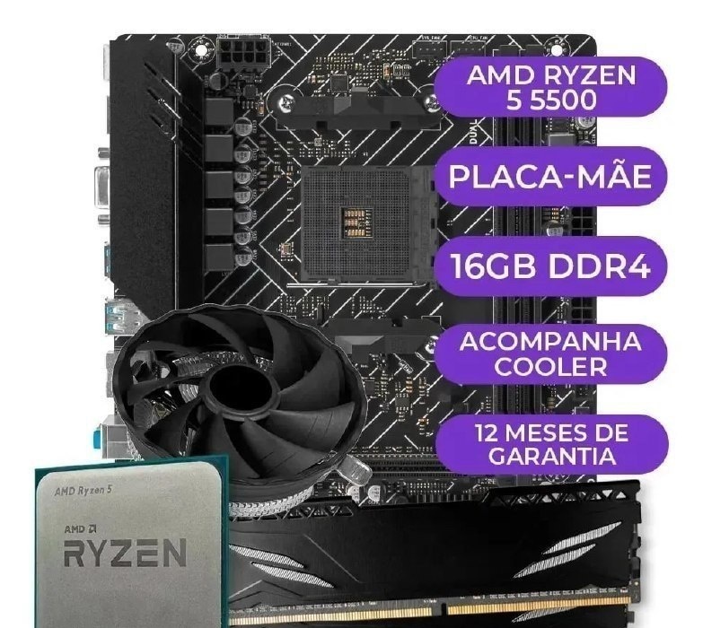 Kit Upgrade Gamer Amd Ryzen 5 5500  A520m  16gb Ddr4 Cor Preto