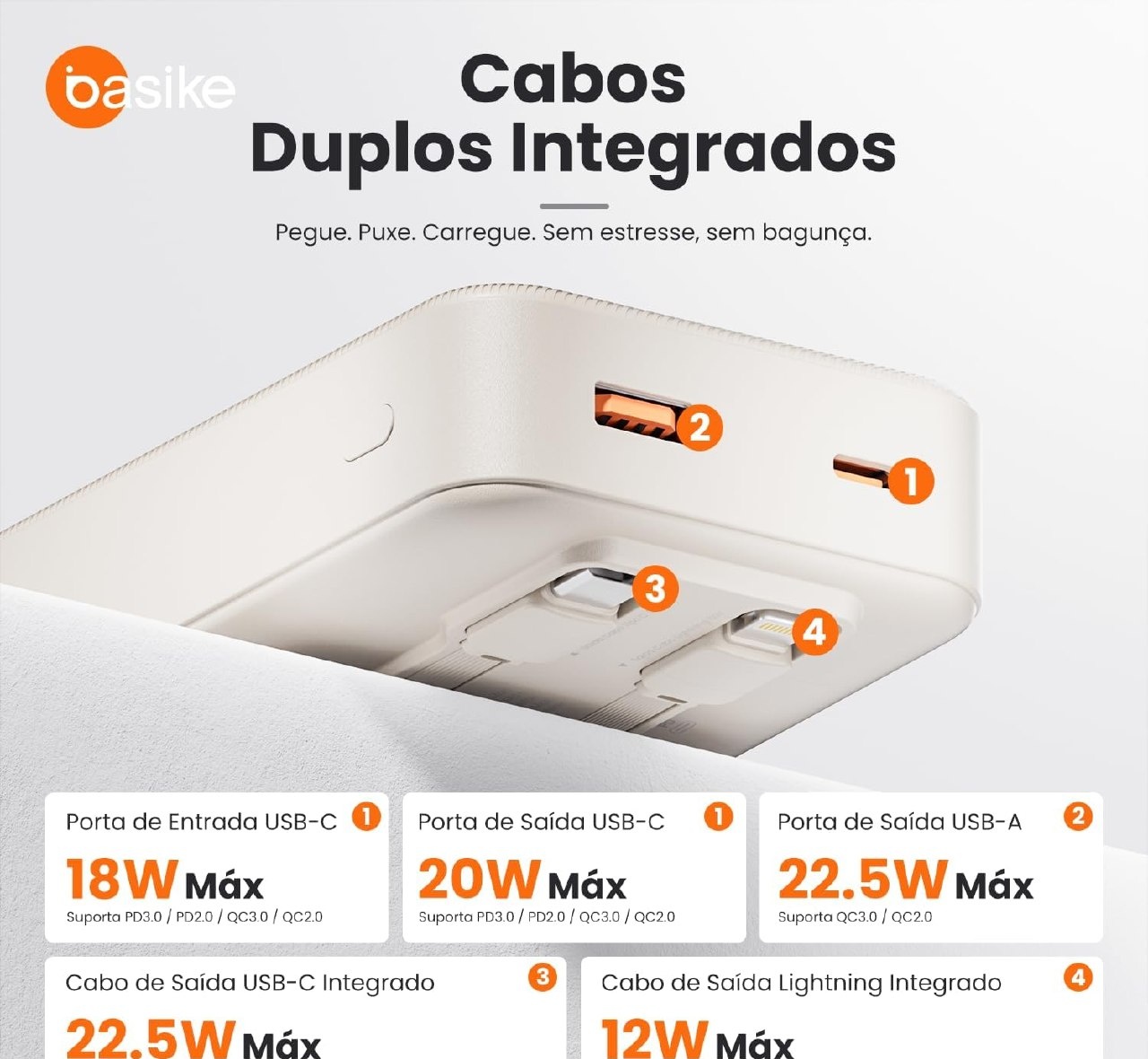 Basike Power Bank, Carregador Portátil Universal 20000mAh, USB-Aaté 22.5WUSB-Caté PD20W, com 2 Cabos Integrados USB-C, Lightning
