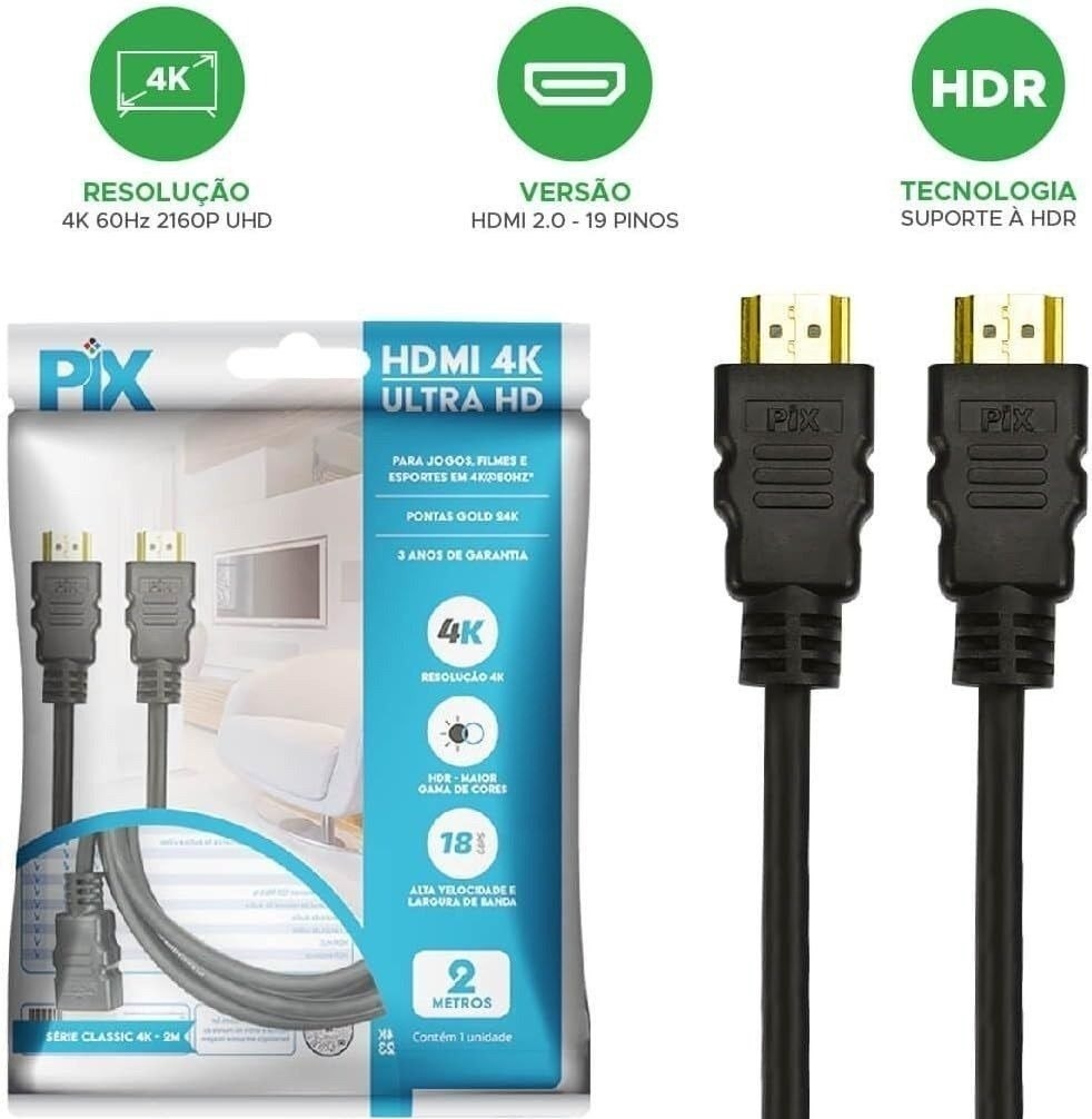 PIX Cabo Hdmi 2.0 4K Hdr 19P 2M Pix Gold, Preto 2 metros