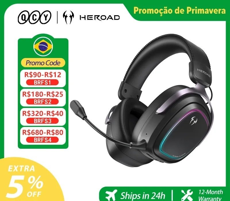 Fone QCY Headset Gamer BH26H5GMA Heroad GT2 THX Spatial Audio 7.1.4 RGB Tri-Mode 3 Microfones com ENC para PC PS4 PS5