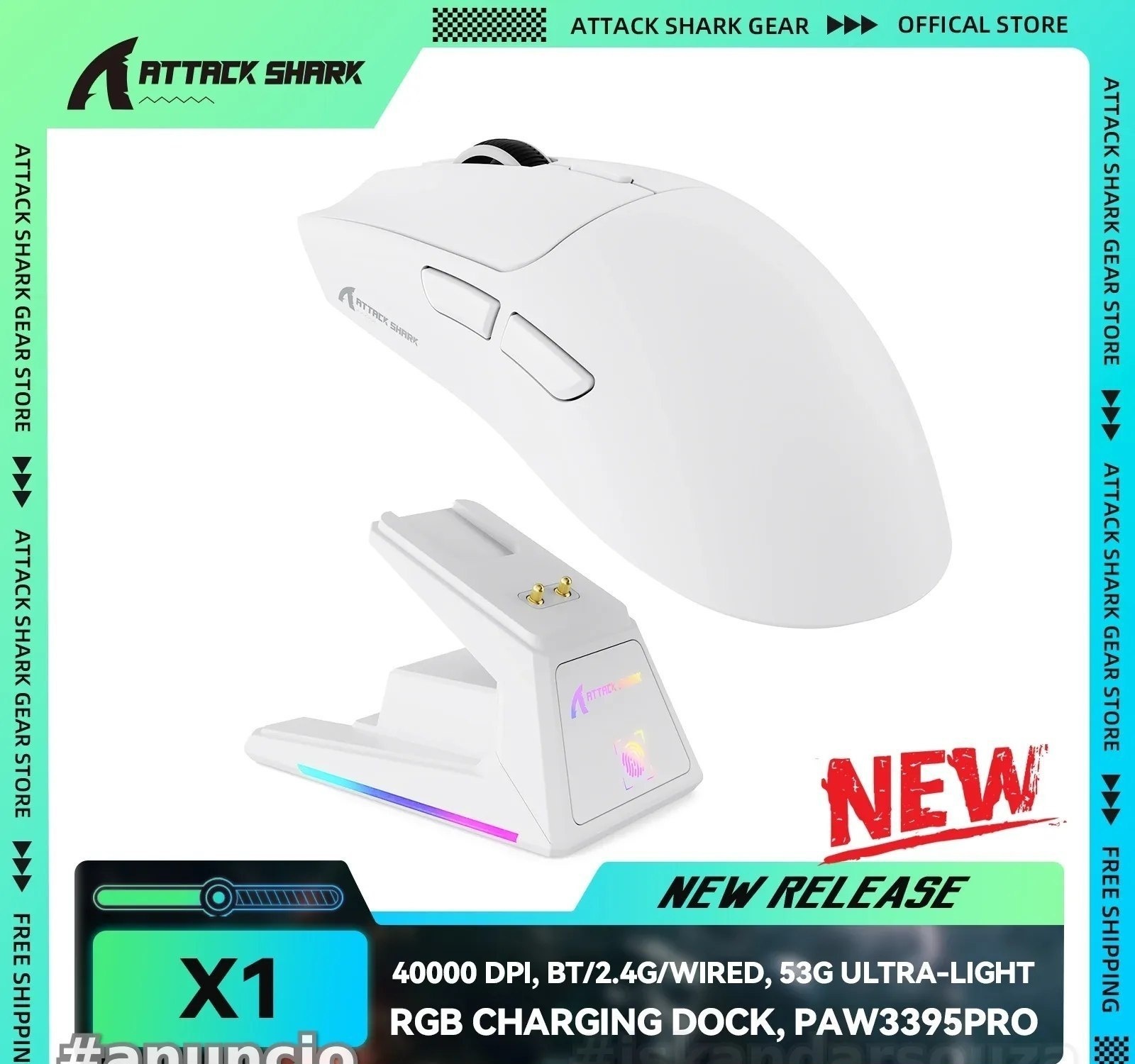 Mouse Gamer Attack Shark x1 Com Dock de Carregamento Touch Screen Trimode, PAW3395PRO, 40000 DPI, 53g ultraleve, BT2.4Gcom fio, paw 3395PRO 3395 Pro