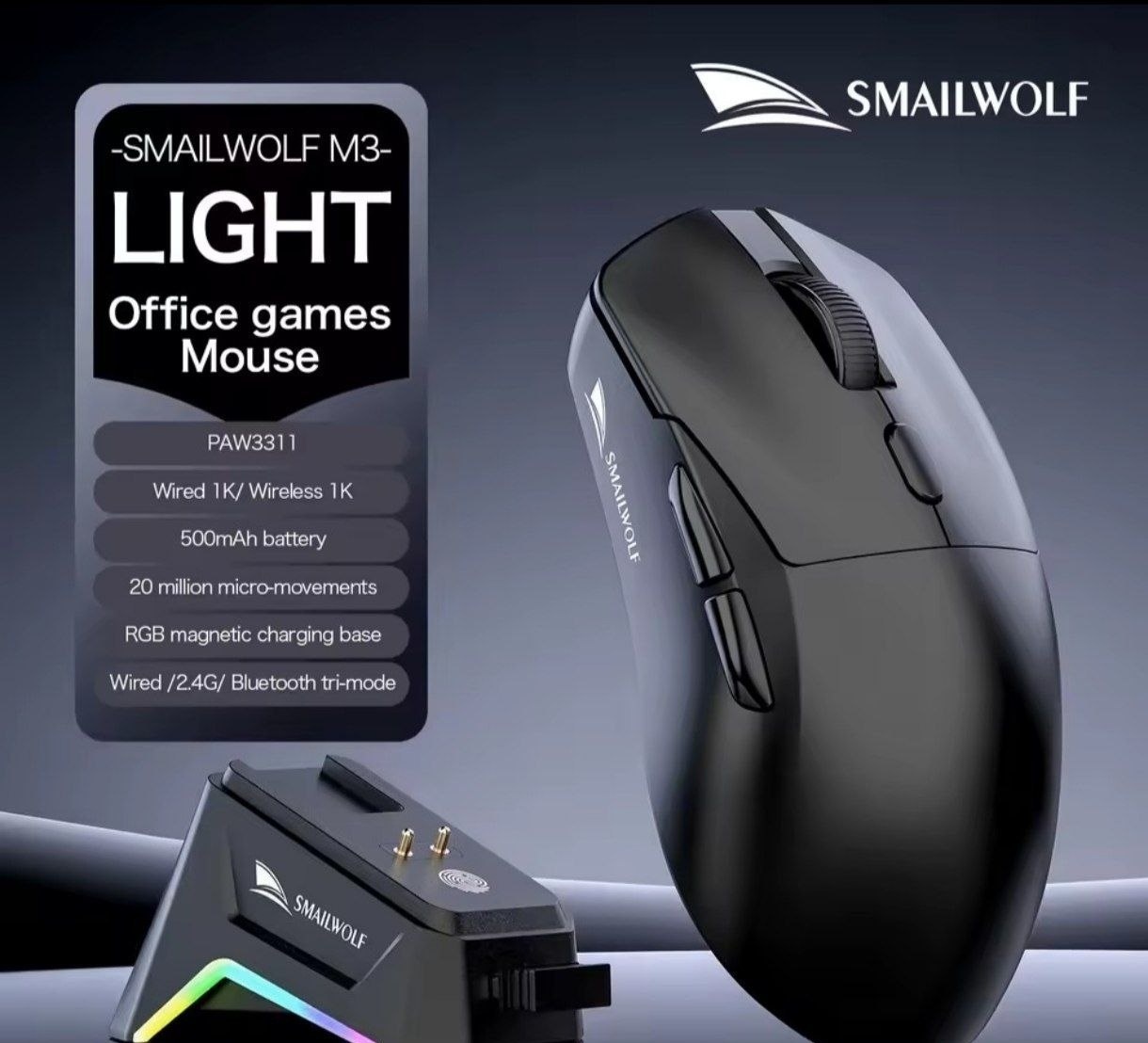 Mouse Gamer Ergonômico SMAILWOLF M3 Tri-Mode com Sensor Óptico PAW3311 12000 DPI 1000Hz Design Leve para PC e Laptop