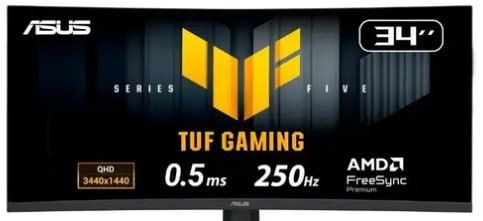 Kabum - Monitor Gamer Curvo ASUS TUF 34, WQHD, 250Hz, 0.5ms, Fast VA, FreeSync Premium, Altura Ajustável, Som Integrado, Preto - VG34WQML5A