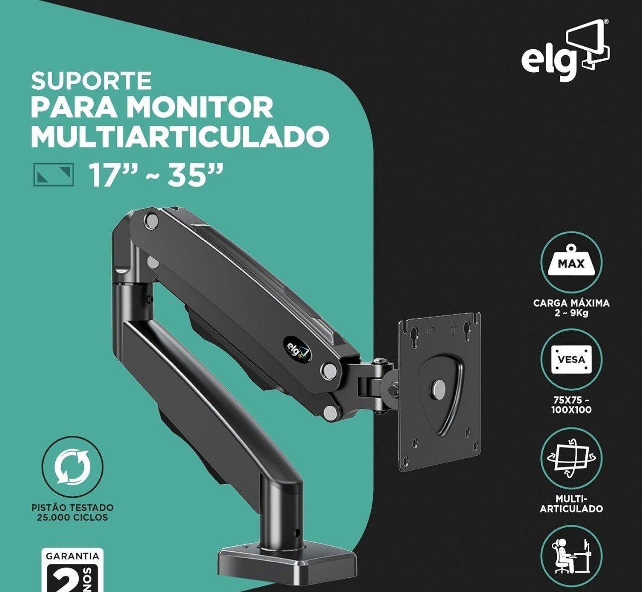 Suporte Articulado de Mesa Elg F80n, Monitores 17 a 35  Pistão a Gás, Design Compacto e Retrátil, Ergonômico, 2kg a 9kg, Preto