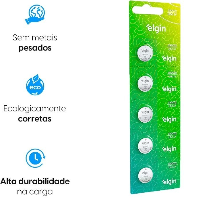Bateria de Lítio CR2032 Cartela com 5 unidades 3v Elgin - Moeda