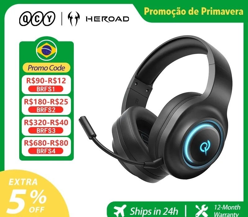 Headset QCY Gamer Heroad V200 com microfone, tri-modo, RGB, over-ear, som surround 7.1, drivers de 50mm para PC