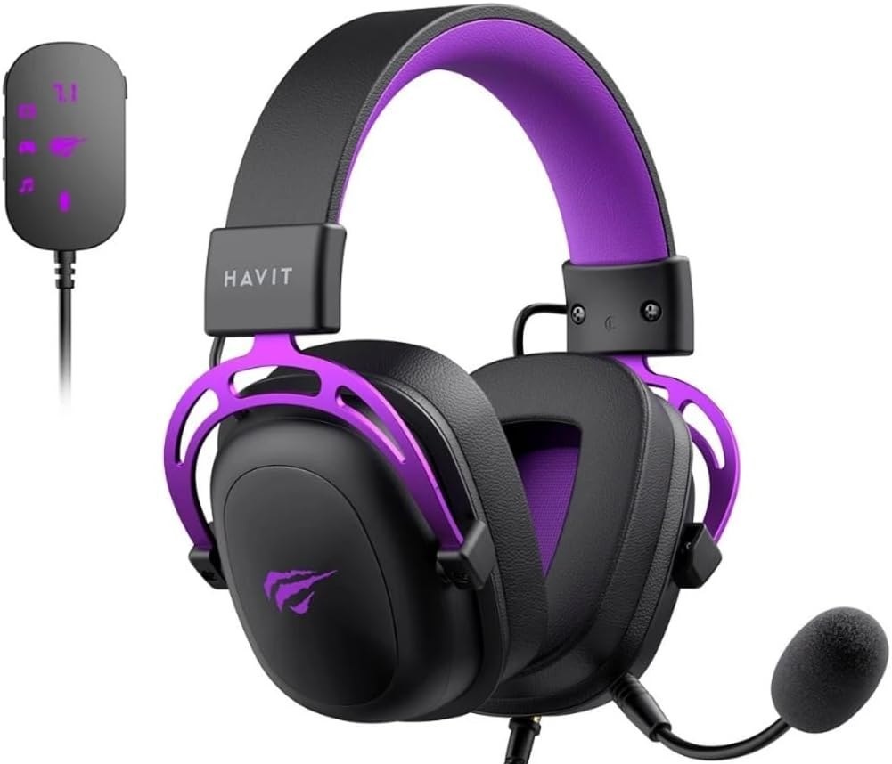 Headset Gamer Havit Gamenote H2002C  U Adaptador USB 7.1, P3, Adaptador P2 para PC, Microfone Destacável, PretoRoxo
