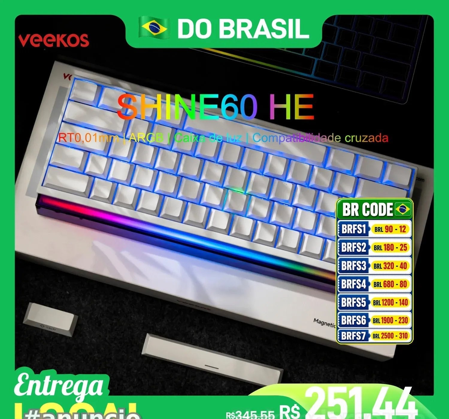 Veekos Teclado Shine60 HE 60 AGRB com Lightbox RT0.01mm Interruptor Magnético 8K wired com fio shine 60 60he shine60he