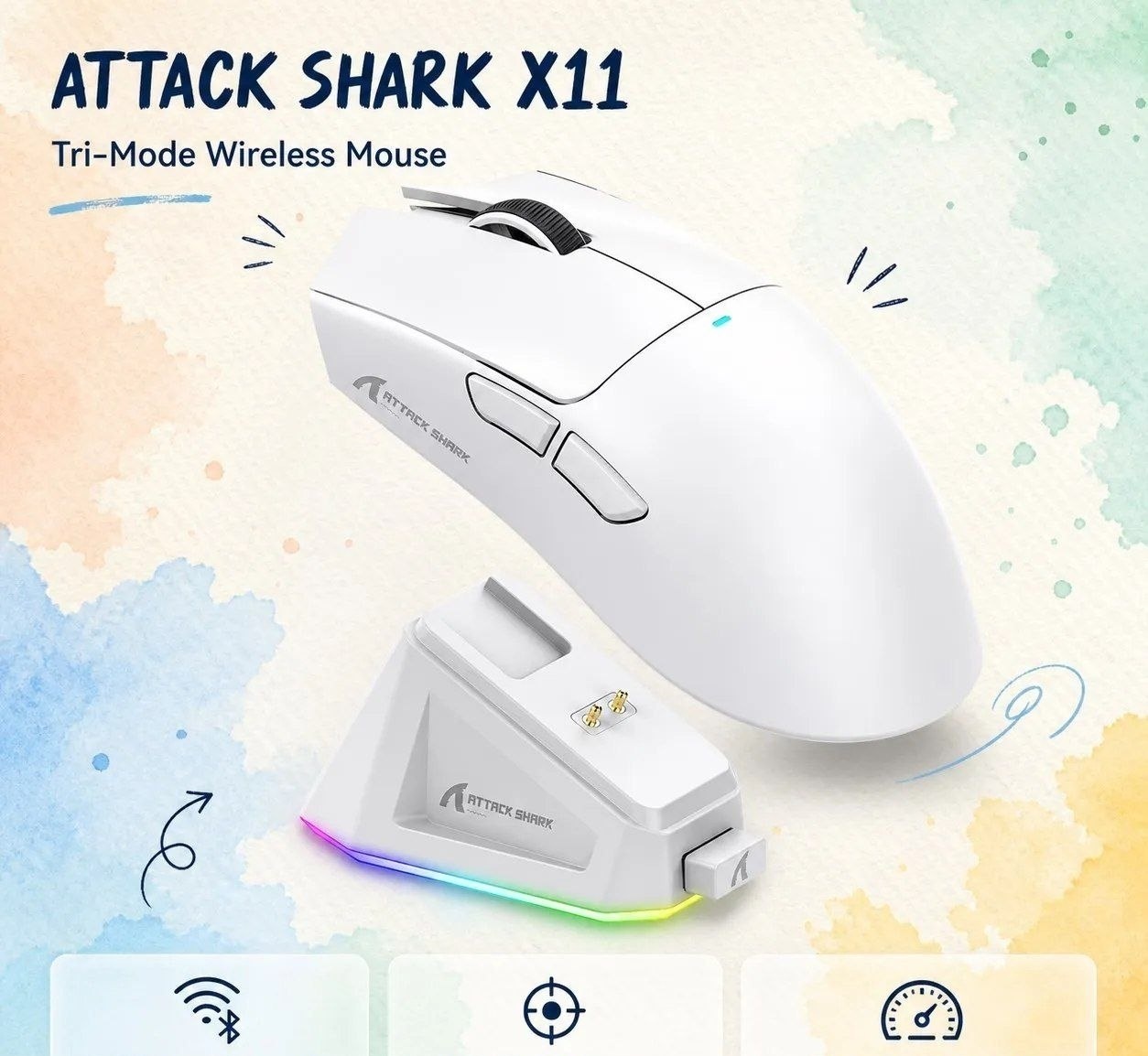 Mouse Sem Fio com Dock Attack Shark X11, Sensor Paw3311