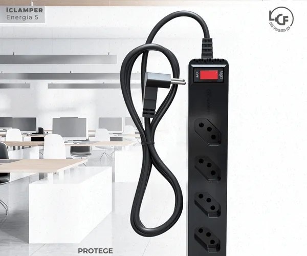 Filtro de Linha com Protetor de Surto DPS iClamper Energia 5 Tomadas 3 Pinos 10 Amperes com Tecnologia LCF Anti Raio Clamper Cor Preto