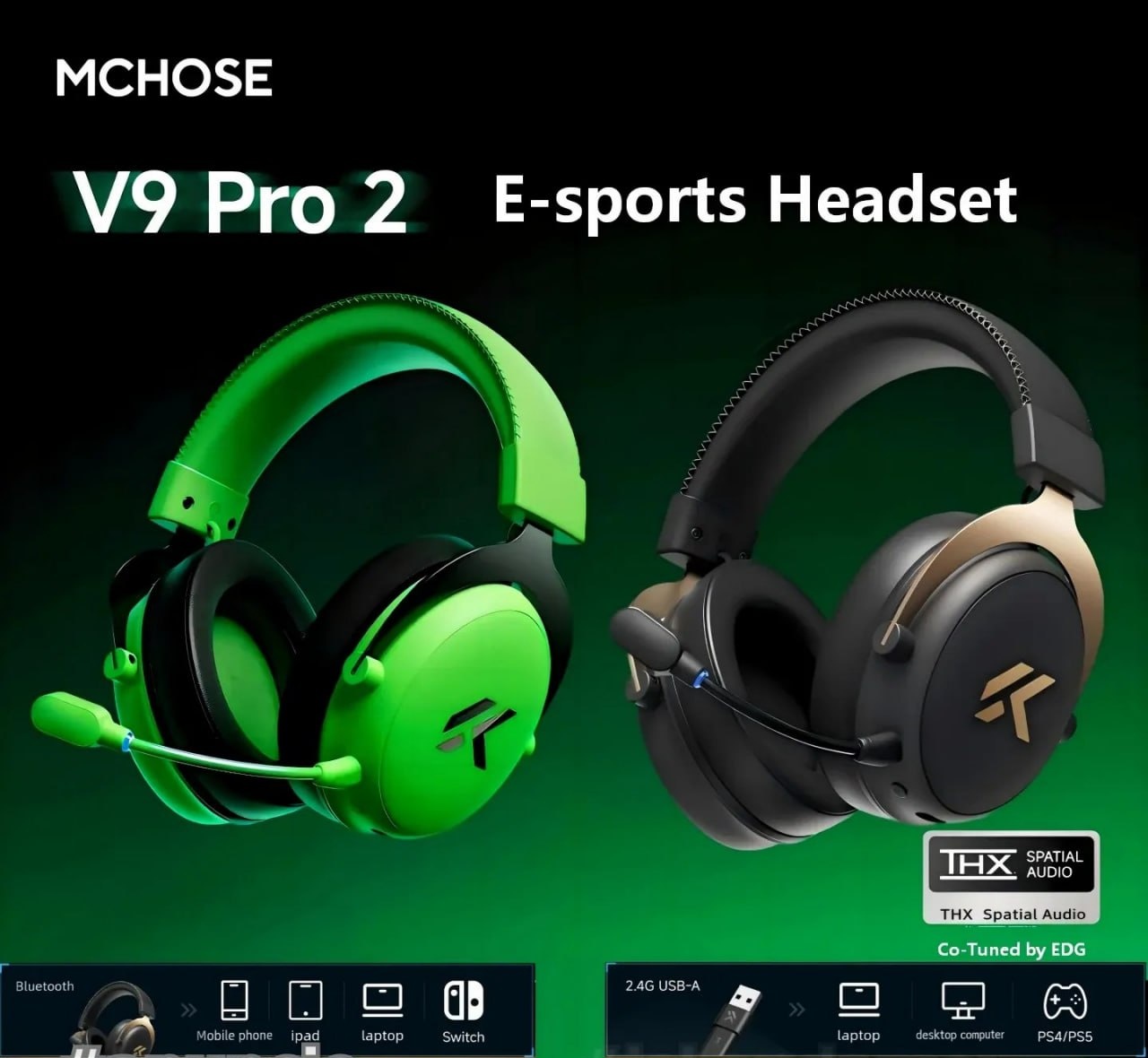 MCHOSE V9 Pro 2 E-sports Wireless Gaming Headset 4-Mode THX Spatial Audio 53mm Driver Over-Ear 300h Battery EDG Co-Tuned