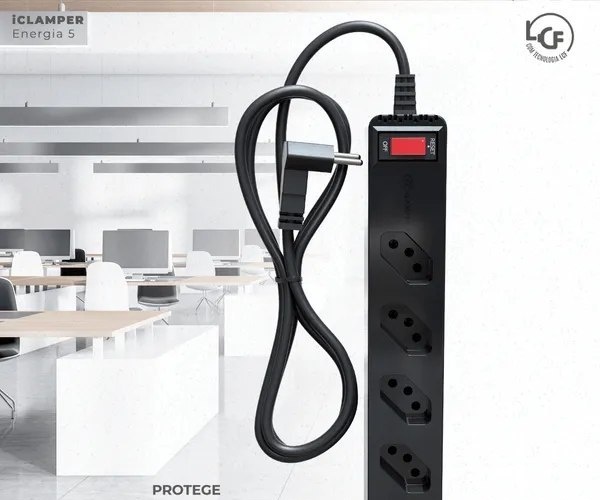 Filtro de Linha com Protetor de Surto DPS iClamper Energia 5 Tomadas 3 Pinos 10 Amperes com Tecnologia LCF Anti Raio Clamper Cor Preto