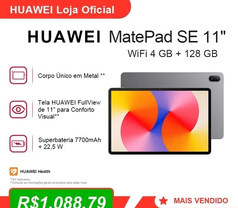 Tablet HUAWEI MatePad SE 11 1284  Tablet  Design Corpo Único Metal  7700 mAh  Superbateria de 22,5 W