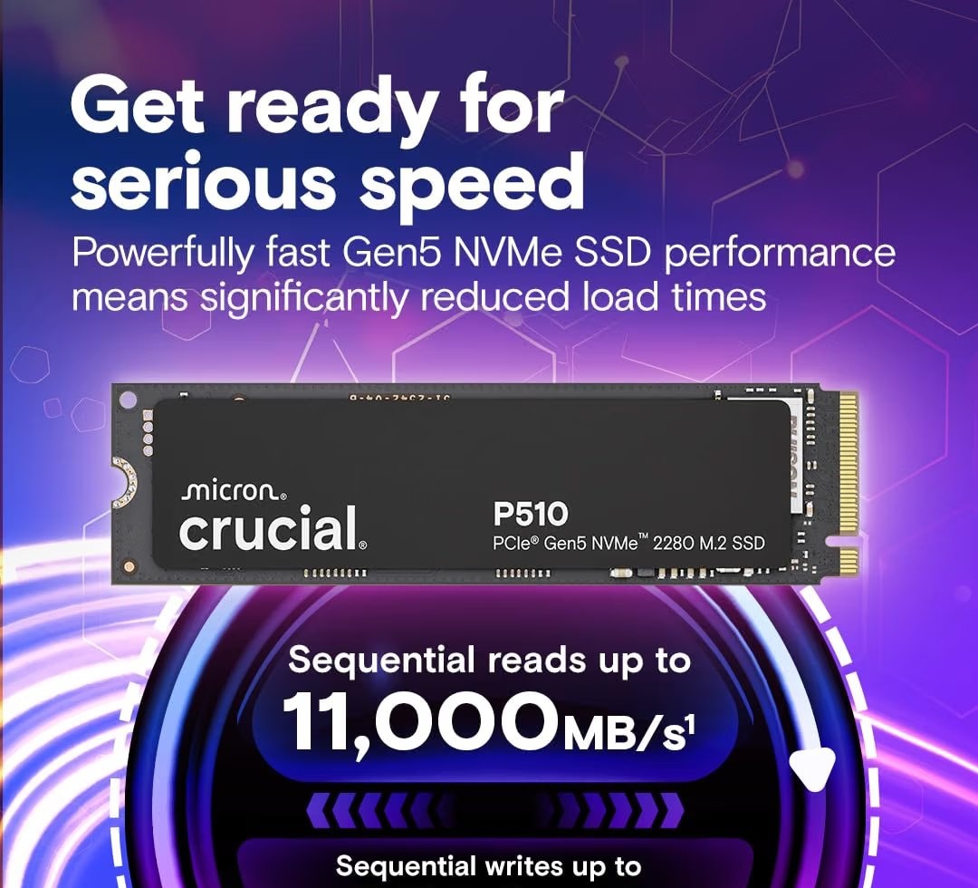 Internacional 1 TB Crucial SSD NVMe P510 1TB Gen5, até 11.000 MBs, SSD PCIe 5.0 M.2 2280  software Acronis - CT1000P510SSD8-01