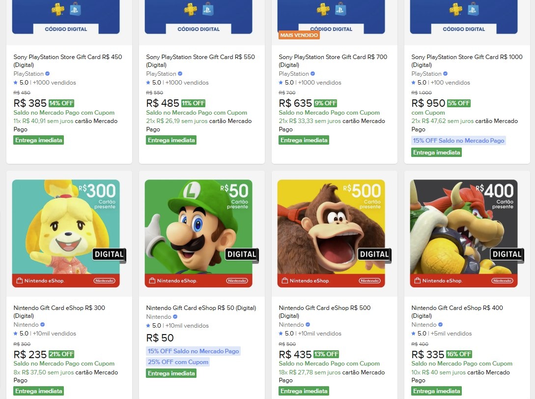 Várias opções de gift card e diversos valores