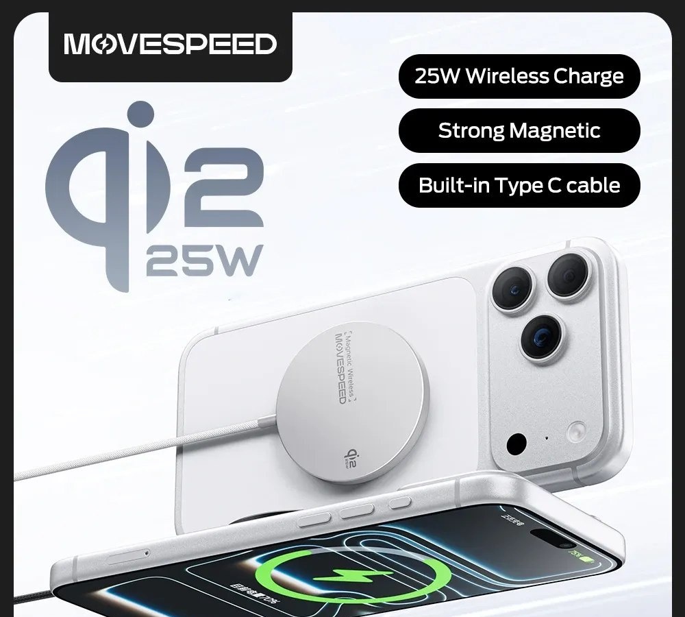 Carregador Magnético Sem Fio MOVESPEED Qi2 25W com Cabo Tipo C Integrado, Base de Carregamento Rápido para iPhone 17 16 15 14Pro magnetico