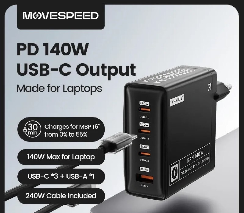 Carregador 140w Movespeed pd3.1 USB-C de alta velocidade carregamento rápido 4 portas gan carregador para macbook pro superfície ar lenovo dell notebook