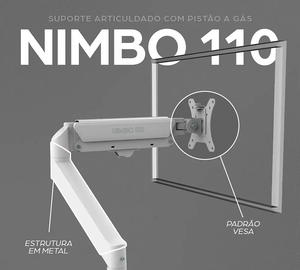 Suporte Articulado Para Monitor 13 a 32 Pistão a Gás Ajustável Zinnia Nimbo 110 Branco Braço