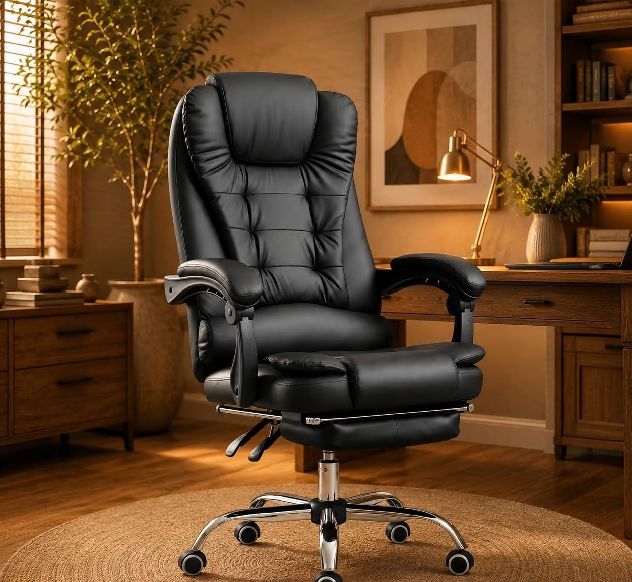 Cadeira de Escritório Ergonômica Presidente com Apoio de Pés Preta