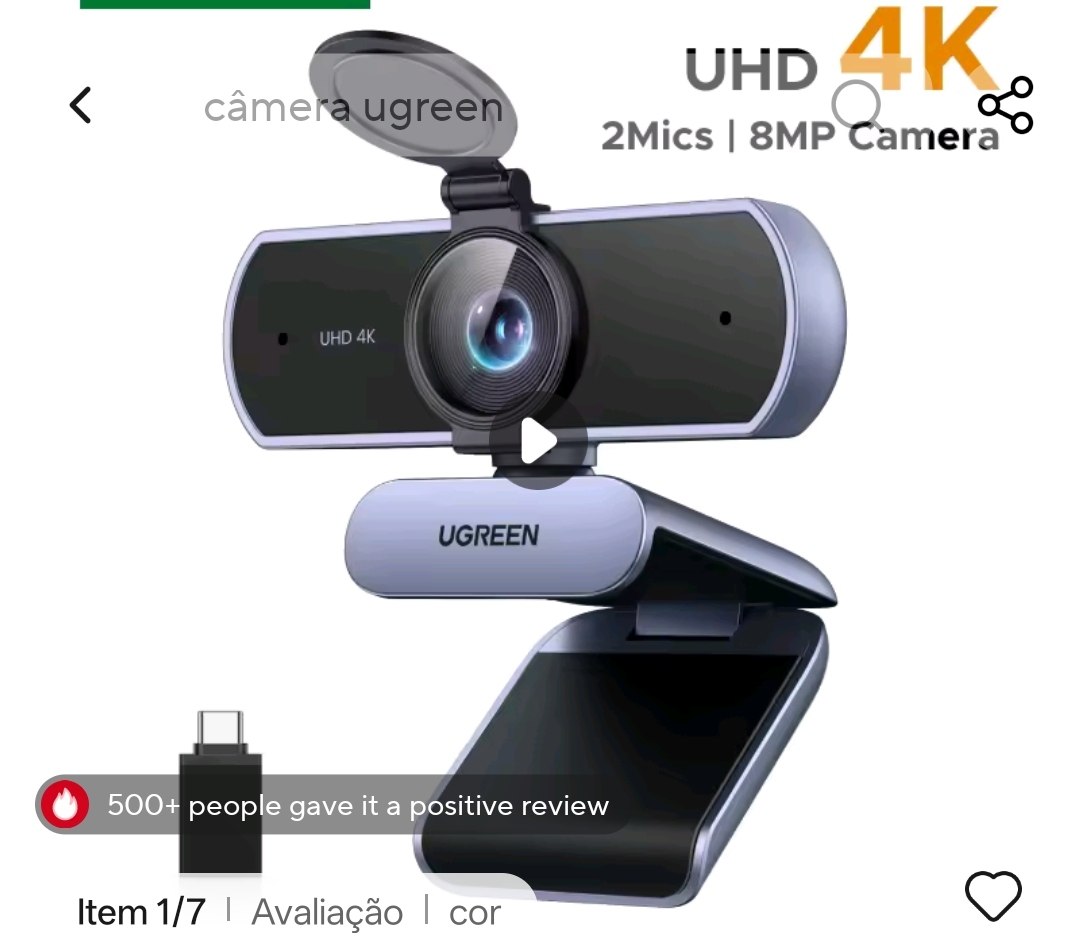 Aliexpress - Webcam 4K 8MP, foco automático PDAF, microfones com cancelamento de ruído AI duplos Ugreen.