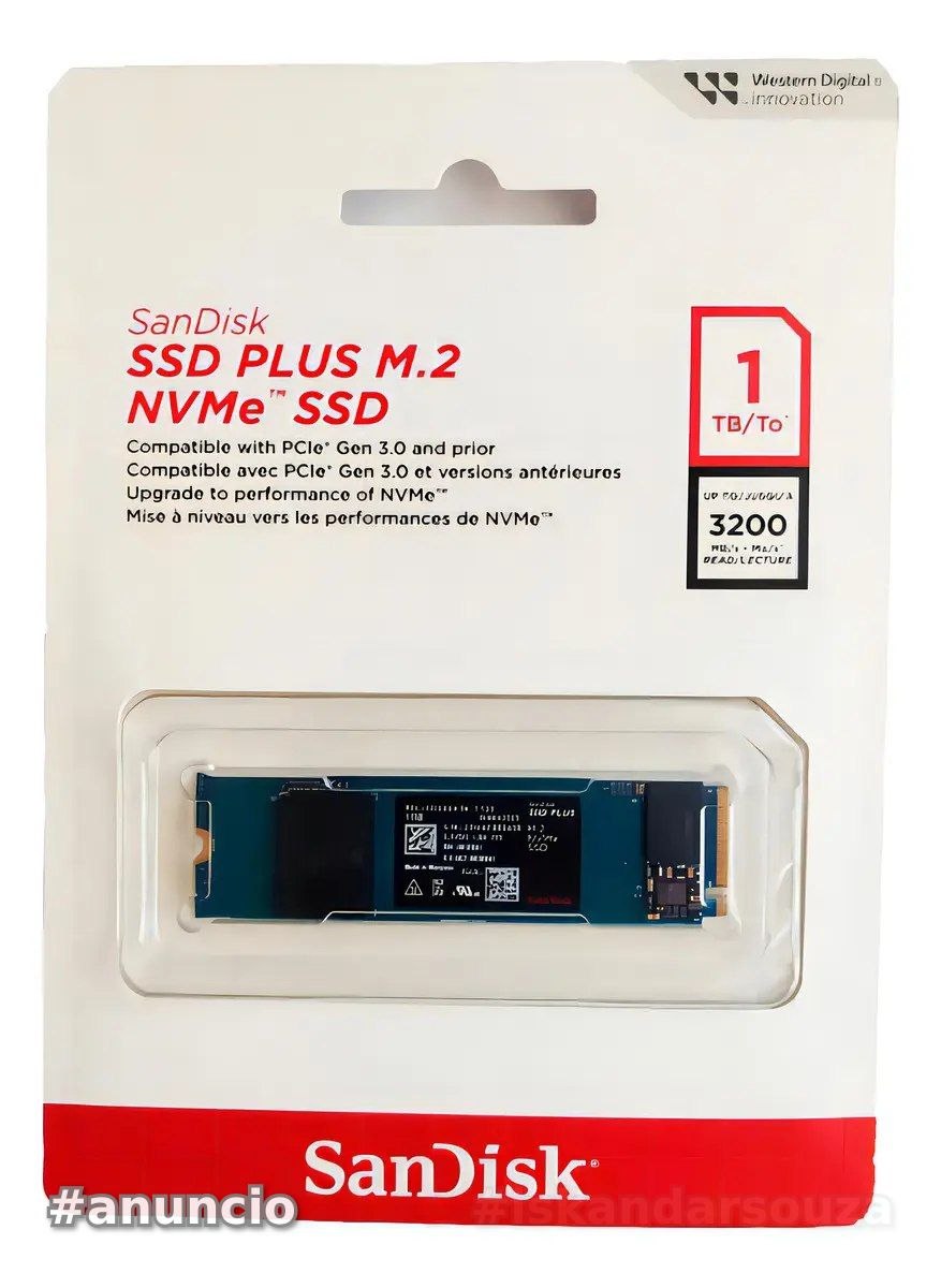 1TB SSD SanDisk Plus NVMe, 1TB, M.2, PCle, Gen3, Leitura 3.200 e Gravação acima de 3.200, Preto - SDSSDA3N-1T00-G26