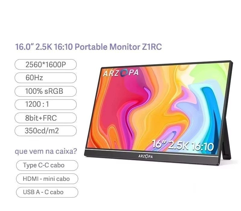 Monitor Portátil ARZOPA Z1RC QHD 16 2K 1610 Tela IPS com tipo-c mini hdmi Segundo Display para MACLaptopPCXboxPS45Switch,Z1RC portatil z1 rc QHD Quad HD