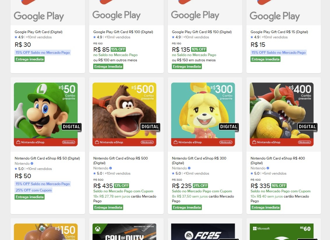 Várias opções de gift card e diversos valores