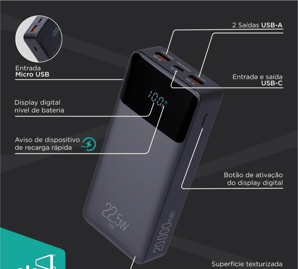 Power Bank Carregador Portátil Elg Pb200bk 20000Mah 22,5W