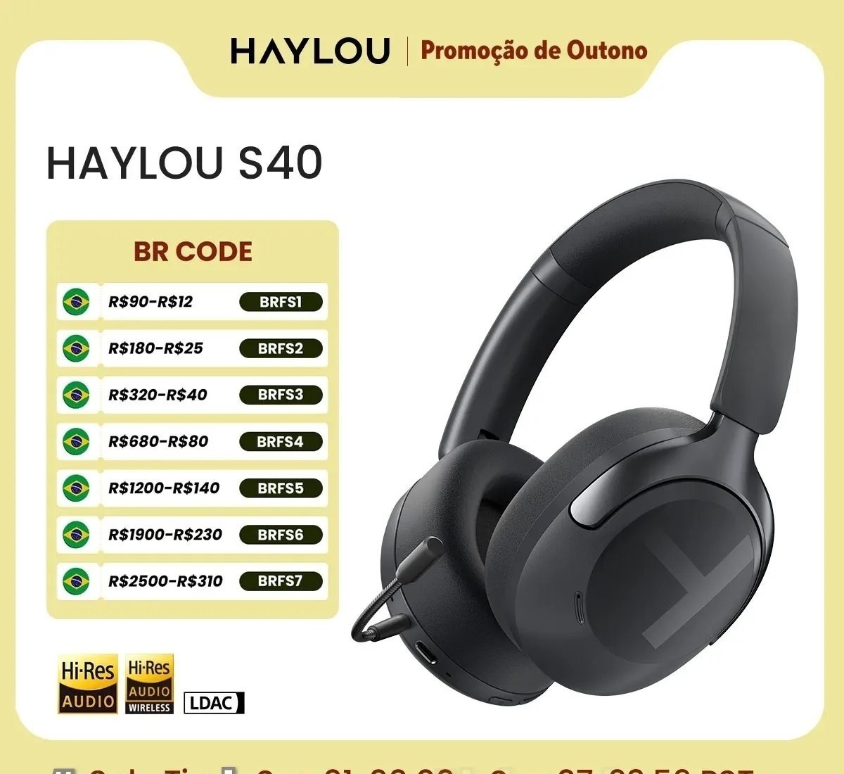 Fone de Ouvido Sem Fio HAYLOU S40 ANC com Cancelamento de Ruído de 50dB, Áudio Espacial 3D de Alta Resolução, Fone de Ouvido Bluetooth 6.0 Over Ear s 40