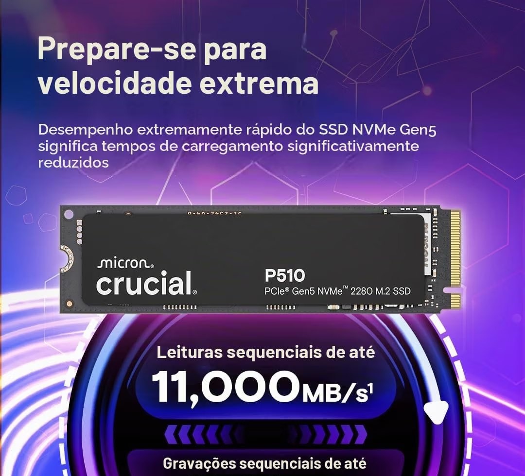 Internacional 1 TB Gen5 Crucial SSD NVMe P510 2TB Gen5, até 10.000 MBs, SSD PCIe 5.0 M.2 2280, unidade de estado sólido interna, compatível com laptop, desktop  software Acronis - CT2000P510SSD8-01