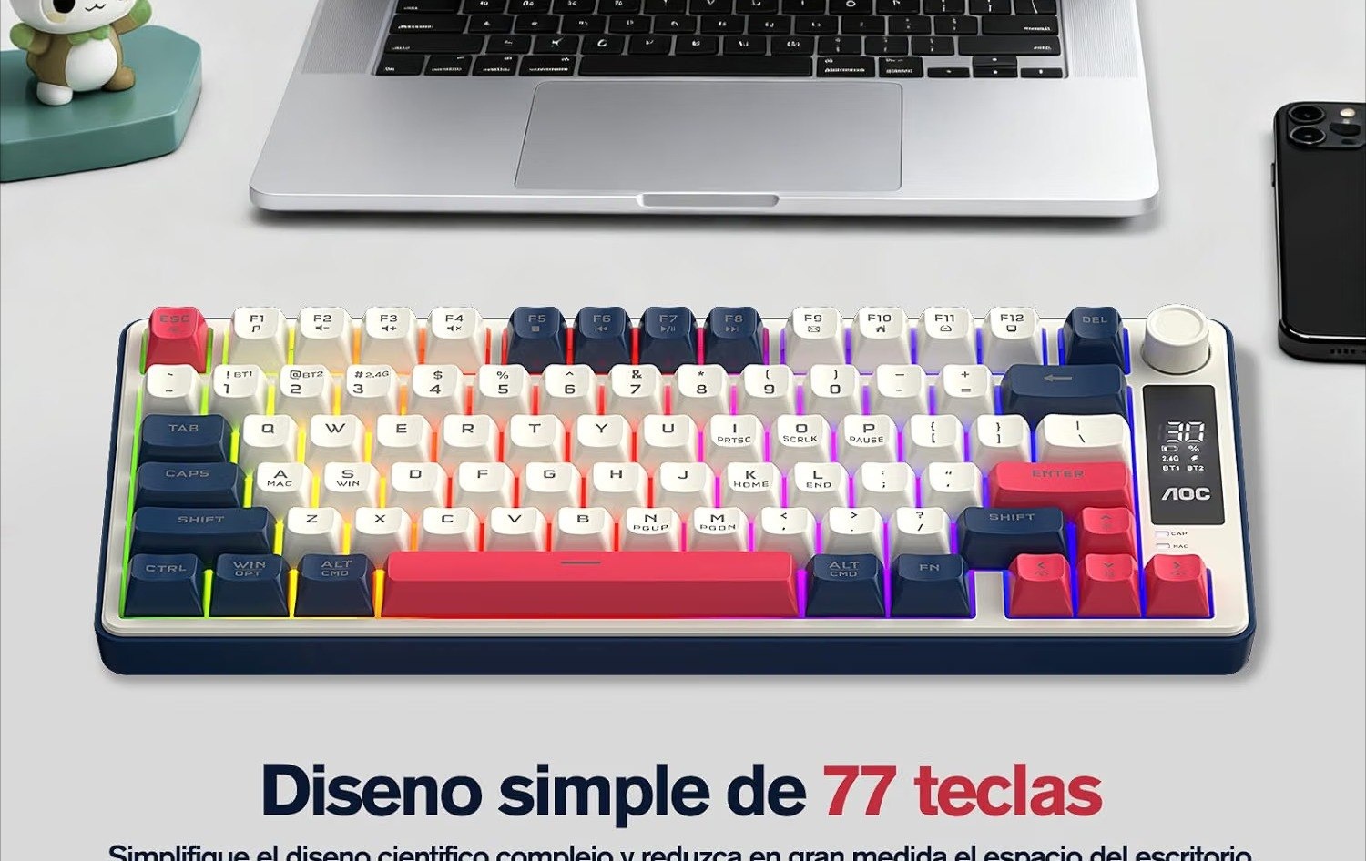 AOC GK280 Teclado sem fio 70, Bluetooth Trimodo 2.4 GHzUSB-C, Teclado Gamer RGB LED Rainbow, Ideal para Jogos e Digitação, Ergonômico, Bateria Recarregável