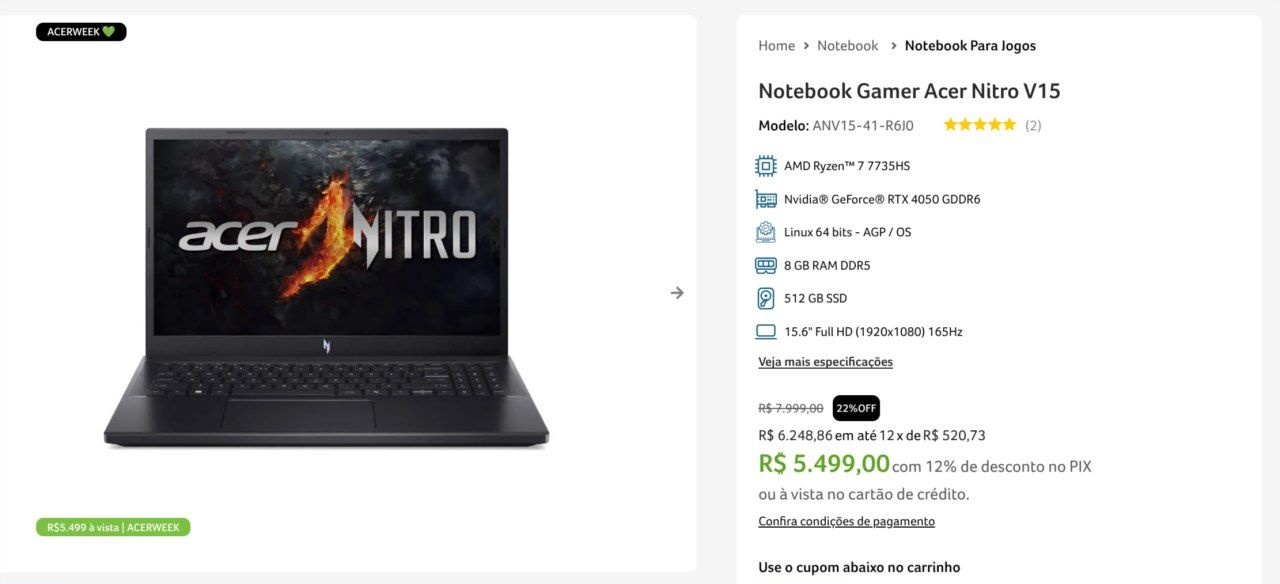 Notebook Gamer Acer Nitro V15 R7 7735HS 8Gb Ram , 512 SSD Rtx 4050,