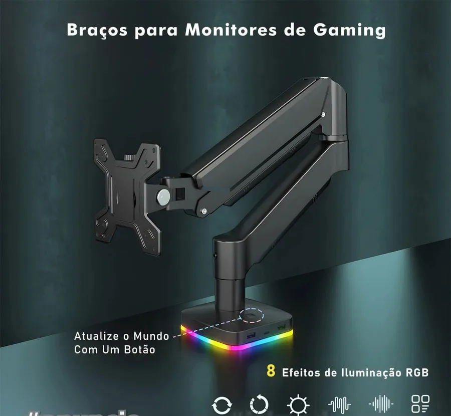 Braço Articulado Monitor  RGB - 8 efeitos de iluminação  17 - 34 Polegadas - Com hub integrado.