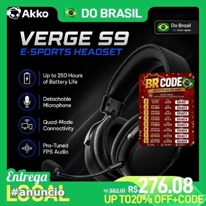 Headset AKKO VERGE S9 Ultra com Microfone, Som Surround Virtual 7.1, Modo Quádruplo, Acessórios para Jogos de PC e E-sports Fone de Ouvido