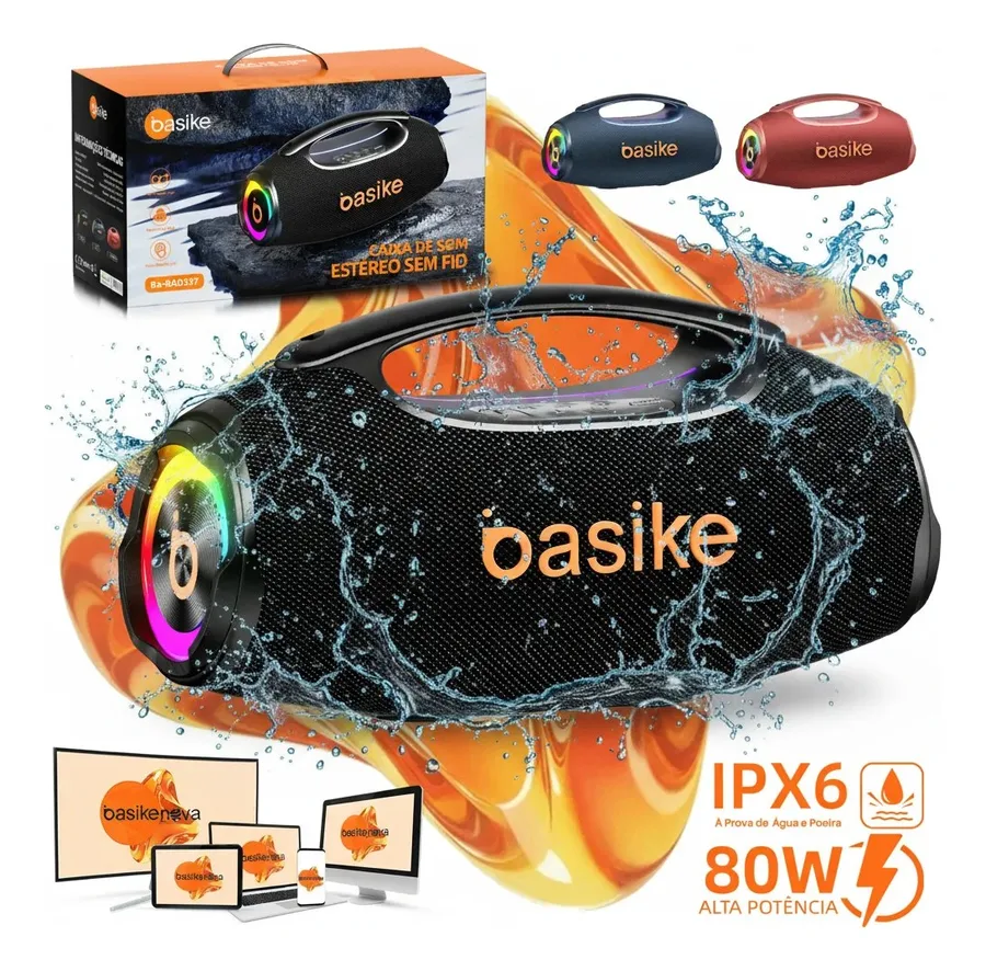 Basike Caixa de Som Boombox Plus 80W 8000Mah 10hrs Portátil Bluetooth 5.3 Sem fio IPX6