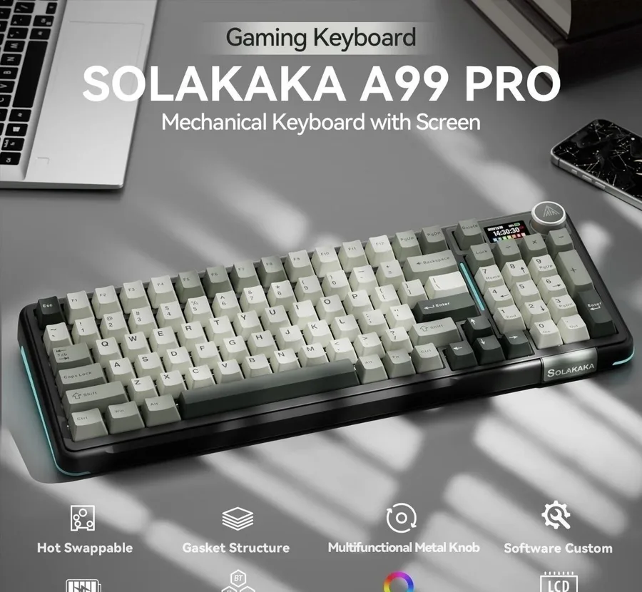 Teclado Mecânico Sem Fio SOLAKAKA A99pro com 97 Teclas, Teclas Hot Swappable e Tela TFT a99 pRO