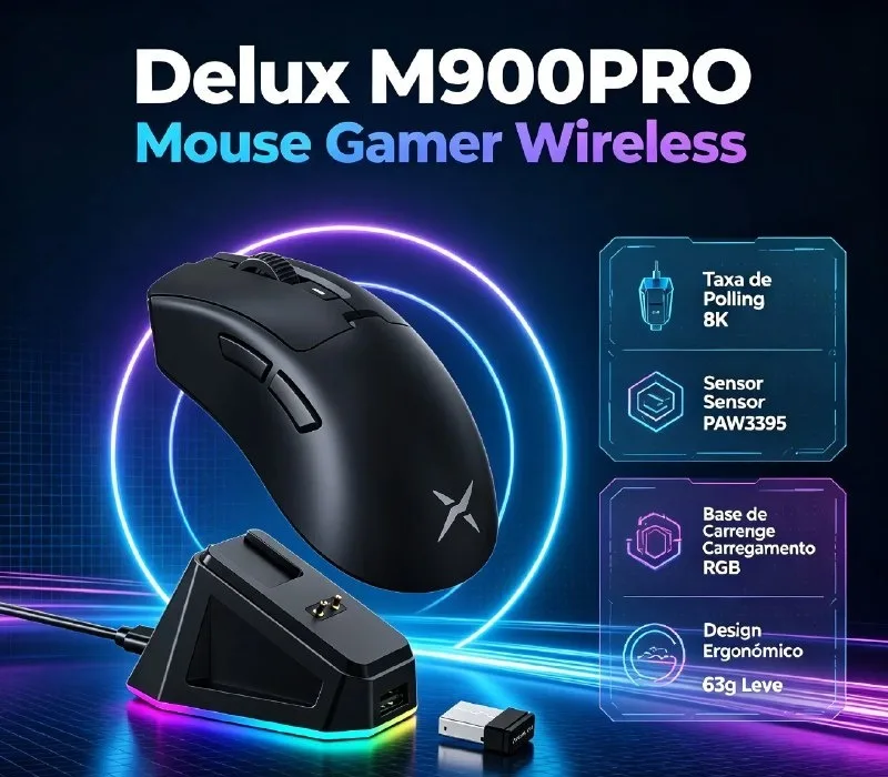 Delux M900 PRO Com Dock Mouse Gamer 2.4ghz 8K com base de carregamento PAW3395 8000hz m900pro