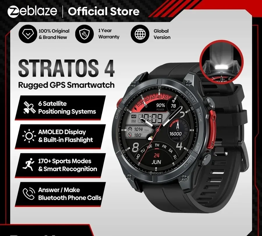 NOVO Smartwatch Zeblaze Stratos 4 GPS com Tela AMOLED de 1.43, Bússola Integrada, Altímetro Barométrico, Lanterna, Chamada por Voz