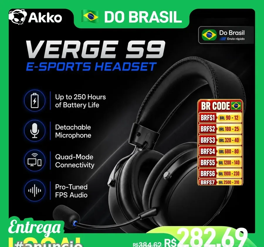 Headset AKKO VERGE S9 Ultra com Microfone, Som Surround Virtual 7.1, Modo Quádruplo, Acessórios para Jogos de PC e E-sports Fone de Ouvido