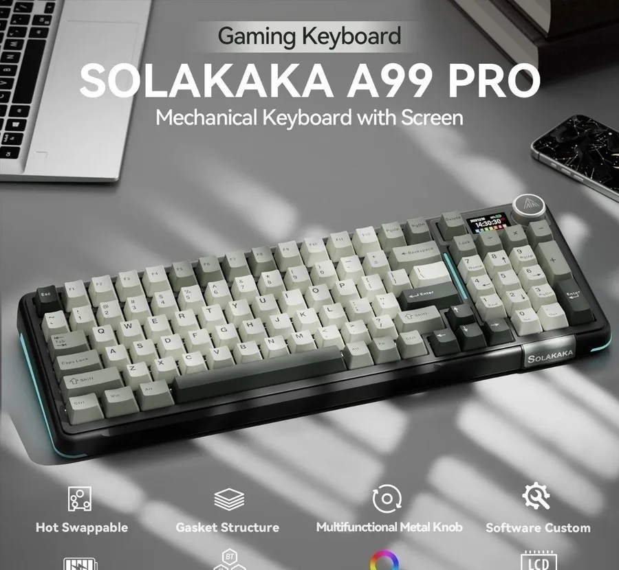 Teclado Mecânico Sem Fio SOLAKAKA A99pro com 97 Teclas, Teclas Hot Swappable e Tela TFT a99 pRO