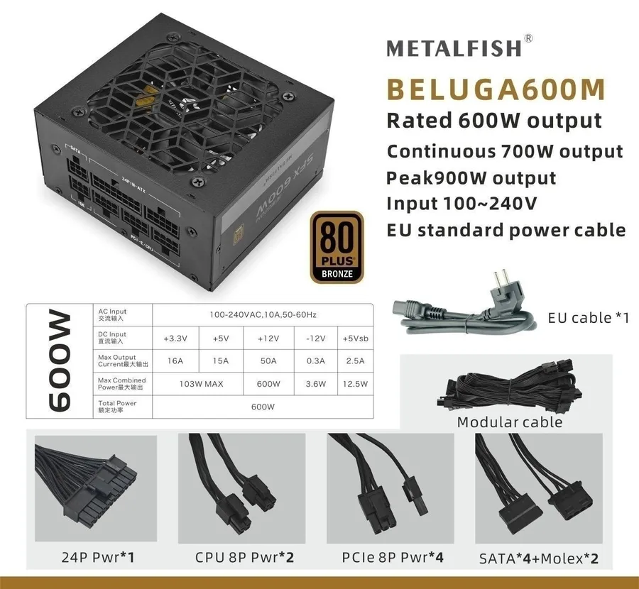Fonte METALFISH SFX 600W Modular 80Plus Bronze.
