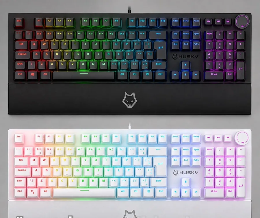 Kabum - Teclado Mecânico Gamer Husky Anchorage Full Size, RGB, Switch Gateron EF Red  Brown , ABNT2 Branco  Preto